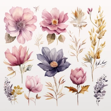 high-quality watercolor clipart of vibrant colors codes of C2655E, 4A4C47, A7A388, F9F6F1 and A69862 Azalea flowers and bright green leaves
