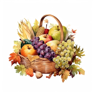 watercolour autumn harvest cornucopia overflowing with fruits and vegetables clipart, hd, detailed, earth tones, white background, spaced out