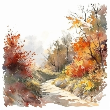 Path in the autumn forest, landscape, autumn leaves, watercolor, clipart, white background