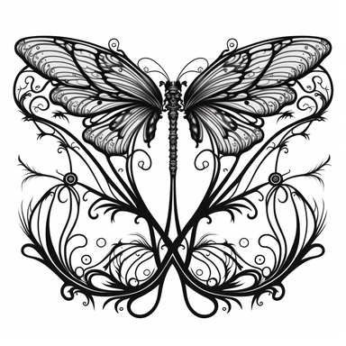 symmetrical dragonfly style fairy wings in art nouveau style, black lines, detailed, flat design, flat flowers embedded into the wings, white background, clipart style, black and white,