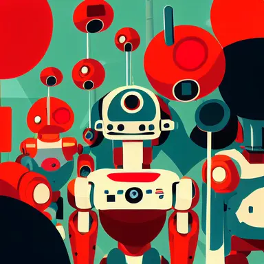 a virtual world full of heartfelt robots that encourage each other, play games with each other, create beautiful clipart together in a pop art style