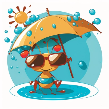 an adorable ant jumping in the pool surrounded by umbrellas on a sunny day, with sunglasses cartoon style clipart