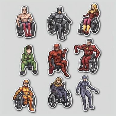 6 clipart elements, series of very hyperdetailed colorful stickers, cool people with disabilities, marvel style, superheros, each sticker with a clear white outline between each element, light grey background, realistic