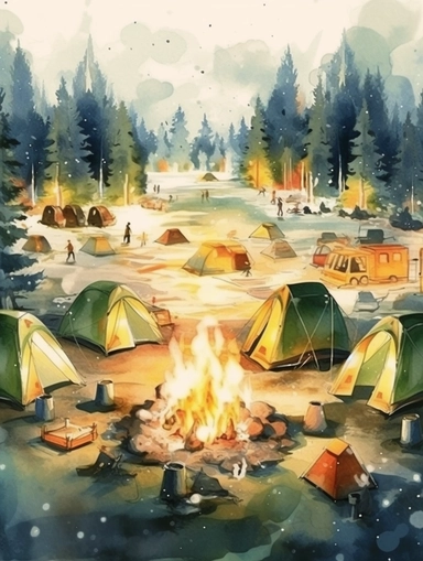 create a hand drawn watercolor clipart depicting campfires surrounded by tents, camping gear, and people enjoying the warmth of the fire, 4k,