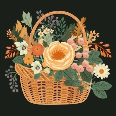 vintage flroal basket sublimation clipart, vector, illustration, 2d, flat colors, isolated background