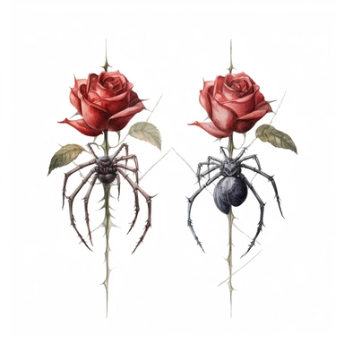 watercolor A clip art 2 set of image featuring gothic roses with spiders isolated white background, minimalist, 8K