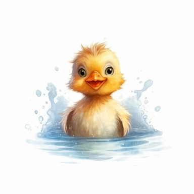 happy cute baby chicken, swimming in water, hand draw Illustration clipart, 4K, extremely detailed, watercolor