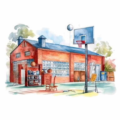 A school gym clipart in the style of watercolor illustrations, white background