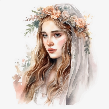 Glamorous and romantic realistic watercolor, the beautiful bride with long braided hair wearing intricate jewelry and, Juliet cap veil, on clean white background, translucent, delicate, with flowers, very delicate colors, watercolor clipart - - no watermarks, no text