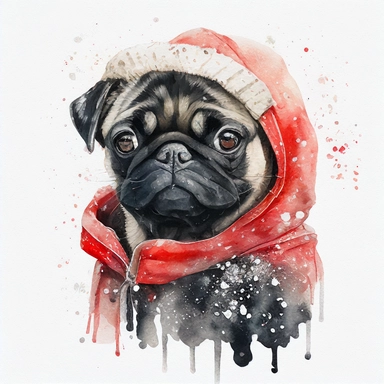 watercolor cute style, cute black pug in christmas winter coat, christmas head, christmas presents, smiles, cute, pug in red ears, it's snowing, white background, clipart