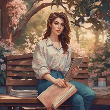 Close up full body portrait of a beautiful woman sitting on park bench surrounded by garden of blooming flowers. She is holding a stack of many books. She is fashionable in cozy clothes, has glowing healthy skin and braided hair. Incorporate muted pastel spring colors throughout the illustration. The oil painting should evoke a sense of magical cottagecore realism and a spring aesthetic feel and be delicate, sweet, eye catching and utilize beautiful afternoon lighting. The oil painting should be