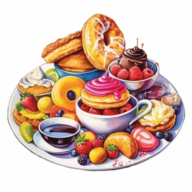 watercolor dessert dish with cakes, candy, and other treats, in the style of realistic watercolors, cartoon mis-en-scene, colorful still lifes, wimmelbilder, purism, nikon af600, mural painting Clipart desert cartoon t-shirt graphic, vector,contour, isolated on a white background