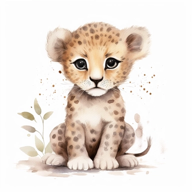 a sweet baby leopard with kind eyes clipart with watercolor illustration,full body shot,8k,etsy style, white background