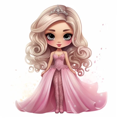 A cute detailed girl in chibi style, Jasmine Becket - Griffith style, watercolour illustration clipart with real glitter detail, wearing a beautiful pink full length ballgown style dress, the girl has long blonde hair, the girl has brown eyes, full body image, with feet isolated on a white background,