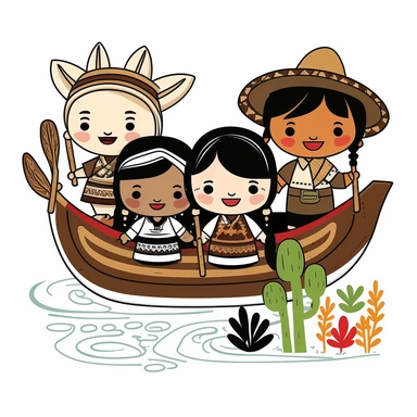 simple, traditional costumes, local foods, and animals, diverse characters, educational, history, and cultural diversity,row boat on a beautiful river, clipart style, cute, picture book style, captivating, kid friendly cute character, black and white, coloring book style, cartoon style, vector image, simple, line art style, character, white background