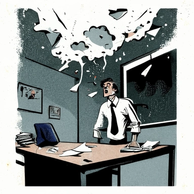 clipart réaliste, fond blanc, faux plafond menace de s'effondrer au dessus d'un bureau