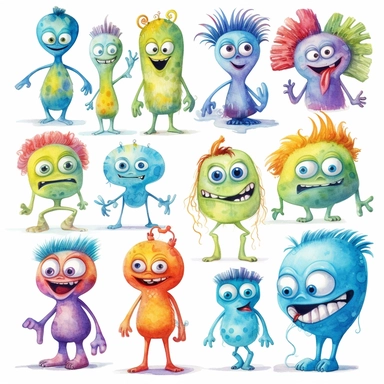 whimsical and colorful aliens cartoon clipart sheet, colorful, small images separated, white background, water color, white border, , pixar style water color, 4k