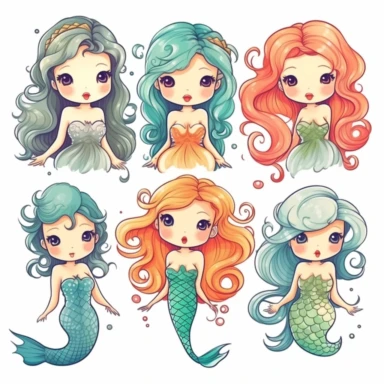 Illustration hand draw style of kawaii mermaids, clipart collection, Vector line, white background