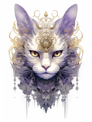 A cat portrait in a gold dress with ornate silver tattoo, in the style of black and lpurple, fractal patterns, mind - bending murals, zbrush, depictions of animals, distinctive noses, clipart png, photorealistic, watercolor, digital painting, WHITE BACKGROUND, fantasy style, realistic, painting, 8k, ultra details,