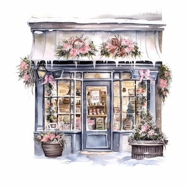 watercolor clipart of a cute vintage flower shop, sparkles, cosy winter wonderland vibes, isolated on white background