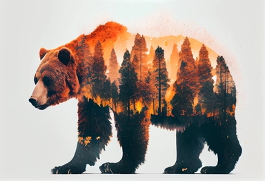 Double exposure clipart of forest fire and bear , .highly detailed, + cinematic shot + photo taken by sony + incredibly detailed, sharpen details + highly realistic + professional photography lighting + lightroom + behance photography unsplash