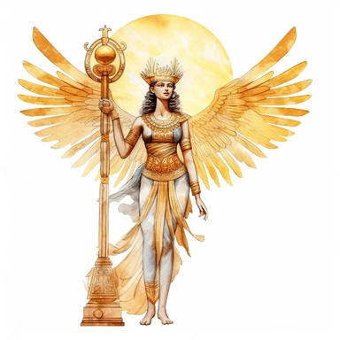 Goddes figure with falcon headed from Ancient Egypt with watercolor effect,Sun,suitable for digital clipart,white background,ancient Egypt scene,gold details