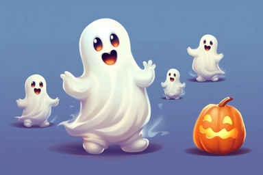Cute ghost. Happy halloween ghosts characters, spooky expression creature. Funny scary magic demon with pumpkin, mystery creative nowaday vector clipart, realistic, full frame, very detailed