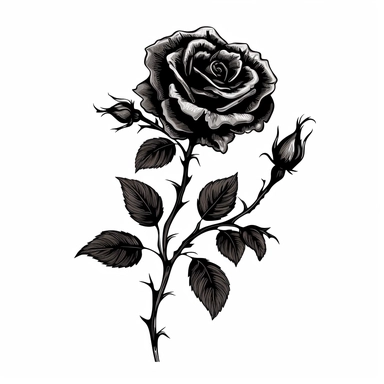 Black rose clipart on a white background: This is a meticulously illustrated clipart of a black rose. The rose itself is a deep, shadowy black, blooming in full splendor. Attached to its green stem, give it a more realistic and intricate look. The contrast against the pure white background highlights the details of the rose. Perfect for a variety of design uses. Create in a 1:1 aspect ratio