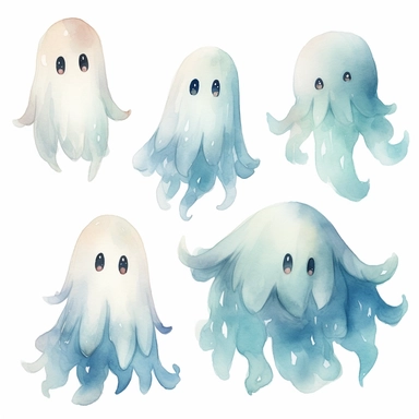 cute ghost watercolor clip art, in the style of light beige and dark aquamarine, varied brushwork techniques, wavy resin sheets, elaborate, colorful, rollei prego 90, naturalistic animal paintings