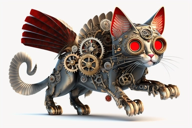 clipart, A beautiful cute steampunk cat made entirely of metal gears, cogs, and clockwork mechanisms, with glowing red eyes, ready to take flight on a steam-powered plane, hd, on white background,
