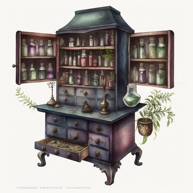 Watercolour Witches Apothecary Cabinet, fairytale, open drawers, clipart