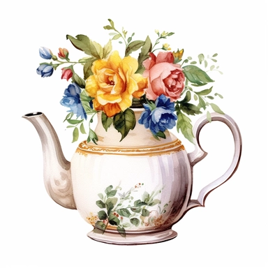 vintage floral tea pot watercolor clipart, white background