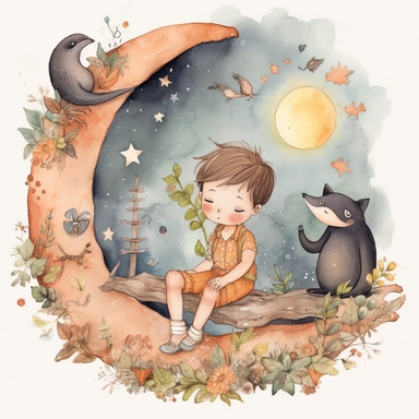 a happy child sitting on a crescent moon, sorrounded by friendly happy magical creatures and whimsical landscapes, clipart, watercolours, boho style