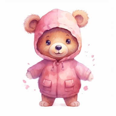 cute baby bear character, wearing pink clothes, watercolor cartoon style, vector, clipart, on a solid white background, completely isolated, full shot, centered Job ID: 9f3b37e5-3ba2-4603-8556-86cd9afdffb1