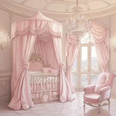 panoramic view, full view, beautiful elegant royal baby girl nursery room drawing painting, frilly, romantic, fantasy, ethereal, light pink and white colors, beautiful crib with beautiful full flowing canopy, beautiful bling crystal chandelier, soft pink teddy bear, beautiful large Victorian style window with beautiful pink flowing drapes, faux fur rug, sharp focus, high detail, 8k, illustration clipart style, transparent background