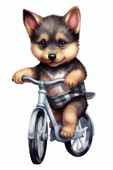 cute baby german shepherd riding a bike, unique, clipart, adorable, watercolor, realistic, 8k, high quality, no background