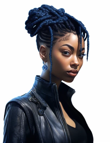 hasselblad 24 mm three quarters shot of a gorgeous african american woman with blue eyes, clipart, Composition: Relaxed position with intricate high hairstyle, smiling, detailed natural skin, Style: Nu-Goth, white background, hyperrealism, 32k