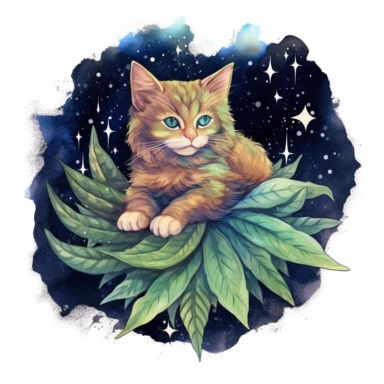 A watercolor illustration of a cat lounging on a cannabis leaf, surrounded by cosmic stars clipart