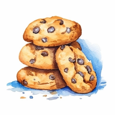 watercolor, hand drawn fresh baked chocolate chip cookies clipart, hd, white background, spaced out--ar 3:2