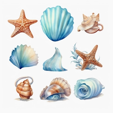 the beach blue waves has heart, couple, snails, starfish..., Watercolor Clipart, details