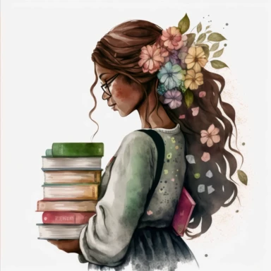Watercolor effect, black woman with long braids holding stack of books in hand, looking to the other side, side view, hair covering her face, wearing jeans and a blouse, covered with flowers, pink, brown, and green fabric texture with watercolor effects, flowers, butterflies, clipart png 4k, 8k, Cozy pink, brown, and green