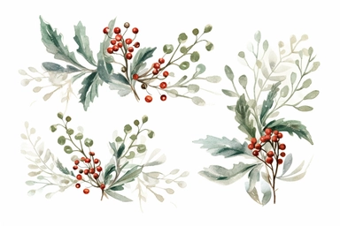 christmas mistletoe floral clipart, illustration of mistletoe wreath, in the style of installation creator, symbolist creations, painted illustrations, rustic texture, cinquecento, commission for, japanese-inspired motifs