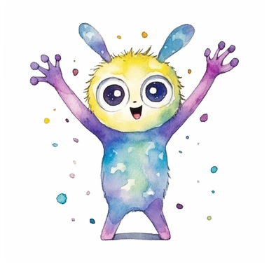 Watercolor illustration of a smiling and cute kawaii furry baby space alien, big eyes with reflection of cosmos, children clipart illustration, white background, whole body shot