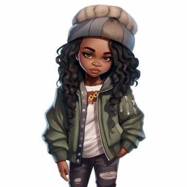 Adorable black girl with urban streetwear, ultra cute, clip art
