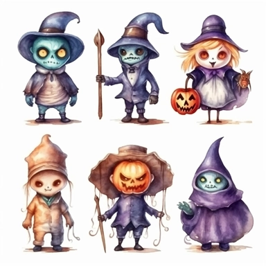 Watercolor Cute Halloween characterset: Bat, Ghost, Frankenstein, Dracula, Jack-o-Lantern, Mummy, Zombie, Witch, Grim Reaper Clipart hd, isolated on white background