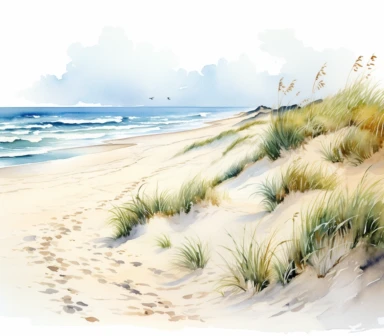 watercolor of the beach and dune clipart, in the style of nature-inspired imagery, hand-drawn animation, uhd image, bec winnel, lush and detailed, layered composition, jacek malczewski, white background