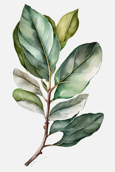 watercolor magnolia leaf branch, clipart, in the style of light green and white and emerald, outlined, realistic detail, white background