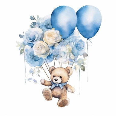 Teddy bear blue floral hot air ballons watercolor clipart,hd,space out,-- 3:2--,--s,1000,--v 5