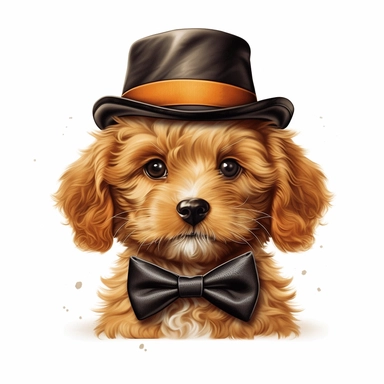 cute cavapoo wearing bowler hat, bow tie, realistic, vector, illustration, clip art, white background