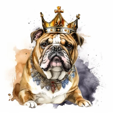 Noble Bulldog with a regal posture and a crown, white background, watercolor clipart